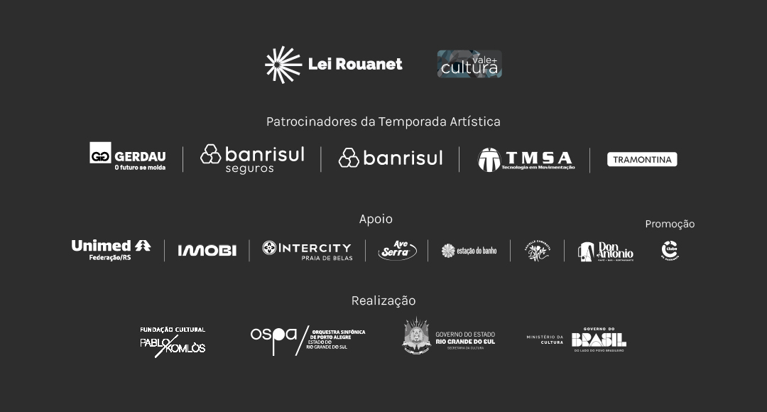 L&acirc;mina de fundo escuro com diversos logotipos de patrocinadores e apoiadores como Banrisul, TMSA, Gerdau e mais