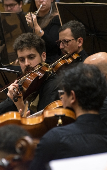 Vemos violinistas da orquestra.