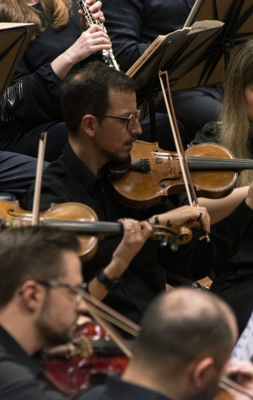 Vemos alguns dos músicos da orquestra tocando violino.