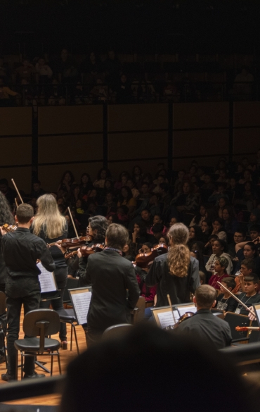 À esquerda, vemos parte do palco, a orquestra está de costas para a câmera, olhando para o público. À direita, vemos boa parte da plateia, as pessoas olhando para o palco.