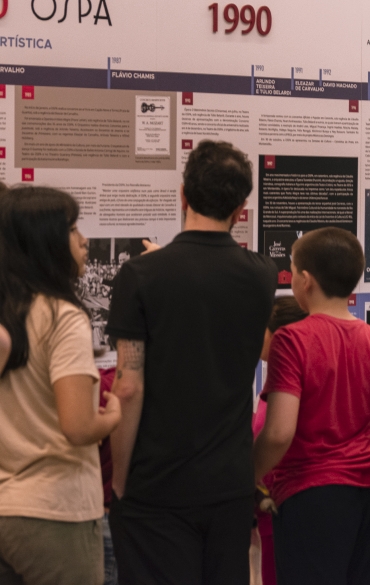 Vemos várias pessoas de costas, um homem e algumas crianças. À frente deles, vemos um painel com informações escritas. Eles visitam o Memorial da OSPA.