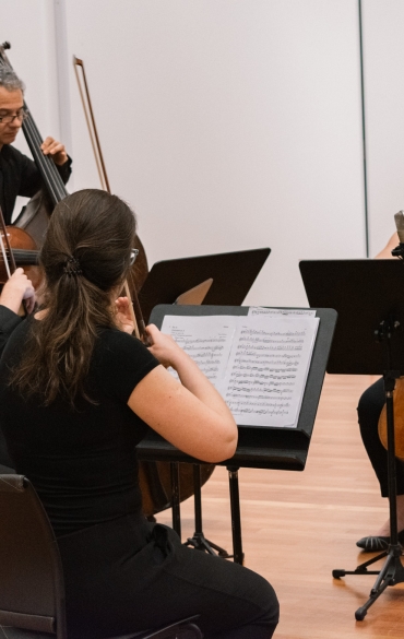 Na imagem, aparecem quatro músicos. Uma mulher de costas tocando violino, em frente há a partitura das músicas. Ao seu lado, dois homens, um tocando viola e um contrabaixo. No plano ao fundo, há uma mulher de frente para a imagem tocando violoncelo.