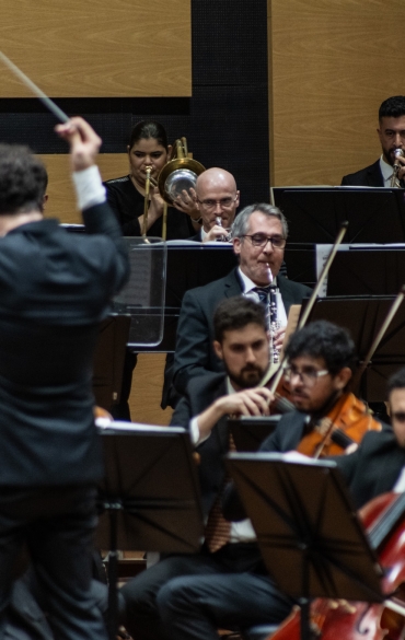 A imagem mostra um maestro de costas, conduzindo uma orquestra completa, com músicos de cordas, metais e sopros. O maestro usa um traje formal preto e segura a batuta no ar, no meio de um movimento enérgico, sugerindo uma passagem intensa da música. Ao fundo, é possível ver trombonistas e trompetistas tocando com concentração, enquanto os músicos da seção de cordas e outros instrumentos de sopro acompanham. A atmosfera transmite o foco e a dedicação dos músicos, com todos imersos na execução da peça em um ambiente formal de apresentação.