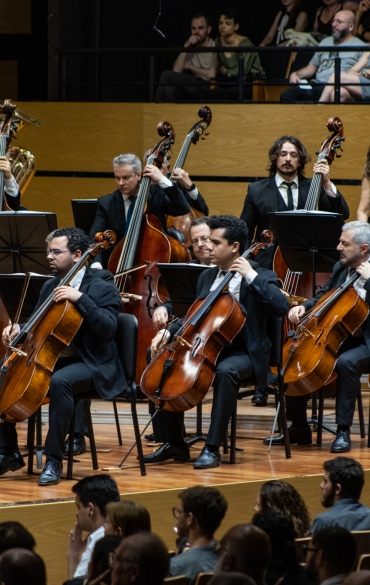 
A imagem mostra uma seção da orquestra com destaque para os músicos de cordas, incluindo violoncelistas e contrabaixistas, todos usando trajes formais pretos. Eles estão concentrados em seus instrumentos, prontos para tocar ou já em meio à execução de uma peça. No fundo, há também músicos da seção de metais, incluindo trompistas e trombonistas, adicionando uma dimensão de profundidade à cena. Ao fundo, no nível superior, há um público atento observando a performance. A atmosfera é formal e focada, com todos os músicos bem organizados e preparados, refletindo a disciplina e a harmonia de uma orquestra em ação.