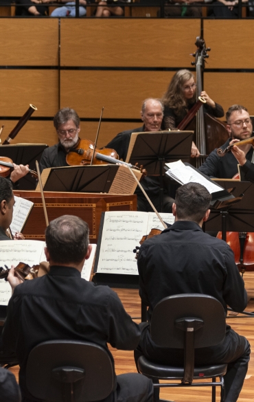 A imagem mostra uma orquestra durante uma apresentação. Um violinista em pé, de terno preto, ocupa o centro da cena, executando sua parte enquanto os outros músicos o acompanham sentados. À frente, violonistas com partituras visíveis formam as primeiras fileiras. Atrás, músicos tocam instrumentos de cordas, como violoncelos e contrabaixos, além de instrumentos de sopro, como fagotes. Um cravo está localizado no centro da orquestra. O ambiente é um auditório com paredes de madeira clara, e ao fundo há uma plateia assistindo no mezanino. A atmosfera é formal, típica de um concerto de música clássica.