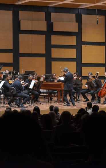 Na imagem, há um palco com músicos de orquestra. O regente, a frente, rege os músicos com um violino e há um cravo no centro do palco.