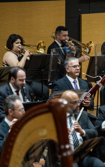 Uma orquestra sinfônica está em apresentação em uma sala de concertos. Ao fundo, há painéis de madeira clara com um padrão retangular. Os músicos estão organizados em fileiras. Na parte superior, estão os instrumentos de sopro de metal, incluindo trombones e uma tuba. Na parte inferior, aparecem músicos com instrumentos de sopro de madeira, como fagotes, flautas e clarinetes. Um pedaço de uma harpa aparece desfocado no canto inferior direito da imagem. Todos os músicos estão vestidos de forma formal, com trajes escuros, e a expressão deles é concentrada, enquanto tocam seus instrumentos.