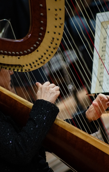 A foto destaca uma musicista tocando uma harpa em uma orquestra. O instrumento ocupa a maior parte da imagem, com suas cordas coloridas — algumas vermelhas e outras transparentes — em destaque. A musicista, vestida de preto, é parcialmente visível atrás da harpa, com suas mãos tocando as cordas. À direita, um suporte de partituras exibe folhas de música com notas escritas. O fundo está desfocado, com detalhes de outros instrumentos e músicos pouco visíveis.