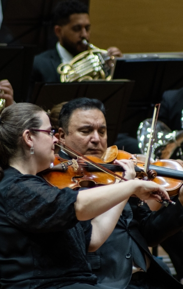 A imagem mostra músicos de uma orquestra em uma apresentação. Em primeiro plano, há dois violinistas sentados lado a lado. A mulher à esquerda usa óculos e tem cabelos presos, vestindo roupas pretas. O homem ao lado também veste roupas formais escuras. Ao fundo, aparecem músicos tocando trompas, posicionados em pé, com partitura sobre estantes. Todos estão em um ambiente interno com iluminação clara, e parte do fundo mostra um painel de madeira. O cenário indica um contexto de concerto formal.